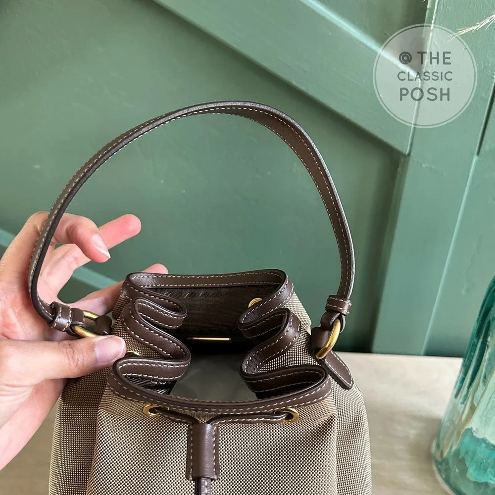 NEW Prada Jacquard Logo Bucket Brown Canvas Tote Small Crossbody Bag
